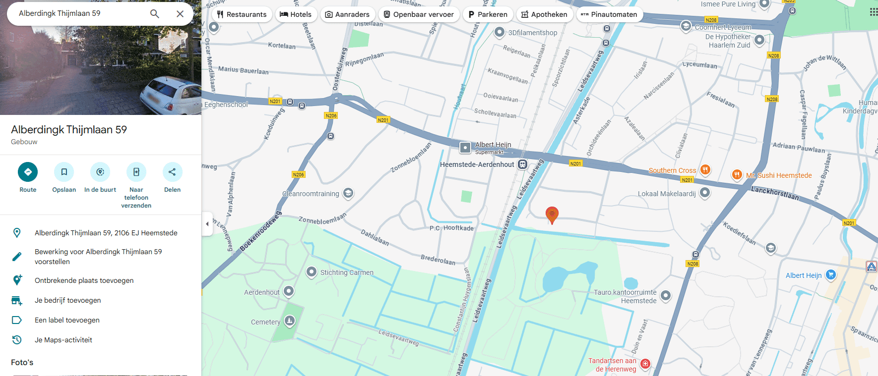 Kaart met de praktijk aan de Alberdingk Thijmlaan 59 in Heemstede